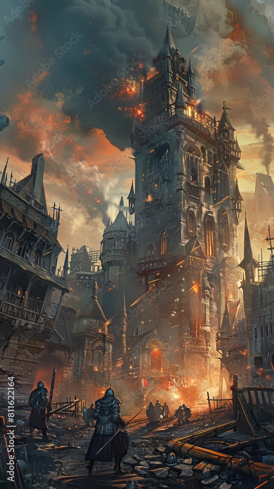 Naklejka premium Digital Painting of a medieval siege with catapults and trebuchets firing