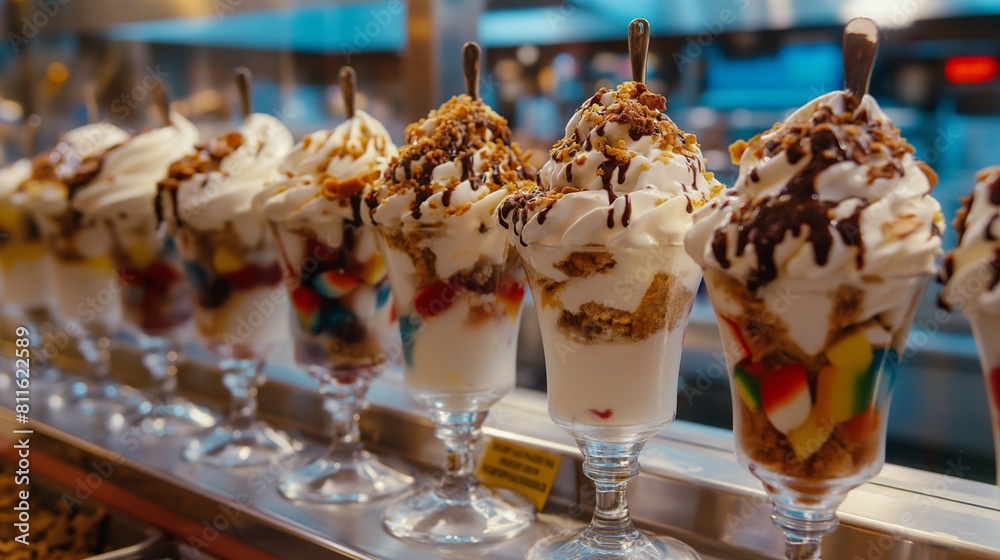 An up-close shot capturing the intricate details of artisanal ice-cream sundaes, each scoop expertly crafted and layered with complementary toppings for a delightful taste experience An up-close shot capturing the intricate details of artisanal ice-cream sundaes, each scoop expertly crafted and layered with complementary toppings for a delightful taste experience