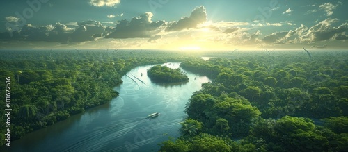 Serene River Flowing Through Lush Tropical Landscape With Passing Boats and Drifting Clouds