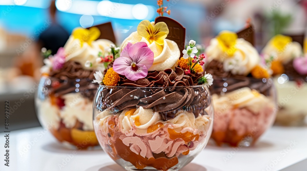 An up-close shot of ice-cream sundaes served in elegant glass bowls, adorned with intricate chocolate curls and delicate edible flowers, creating a visual feast for the eyes