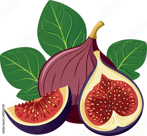 Realistic watercolor painting fruit ripe fig fruit and slices with leaves hand drawn illustration generated by Ai
