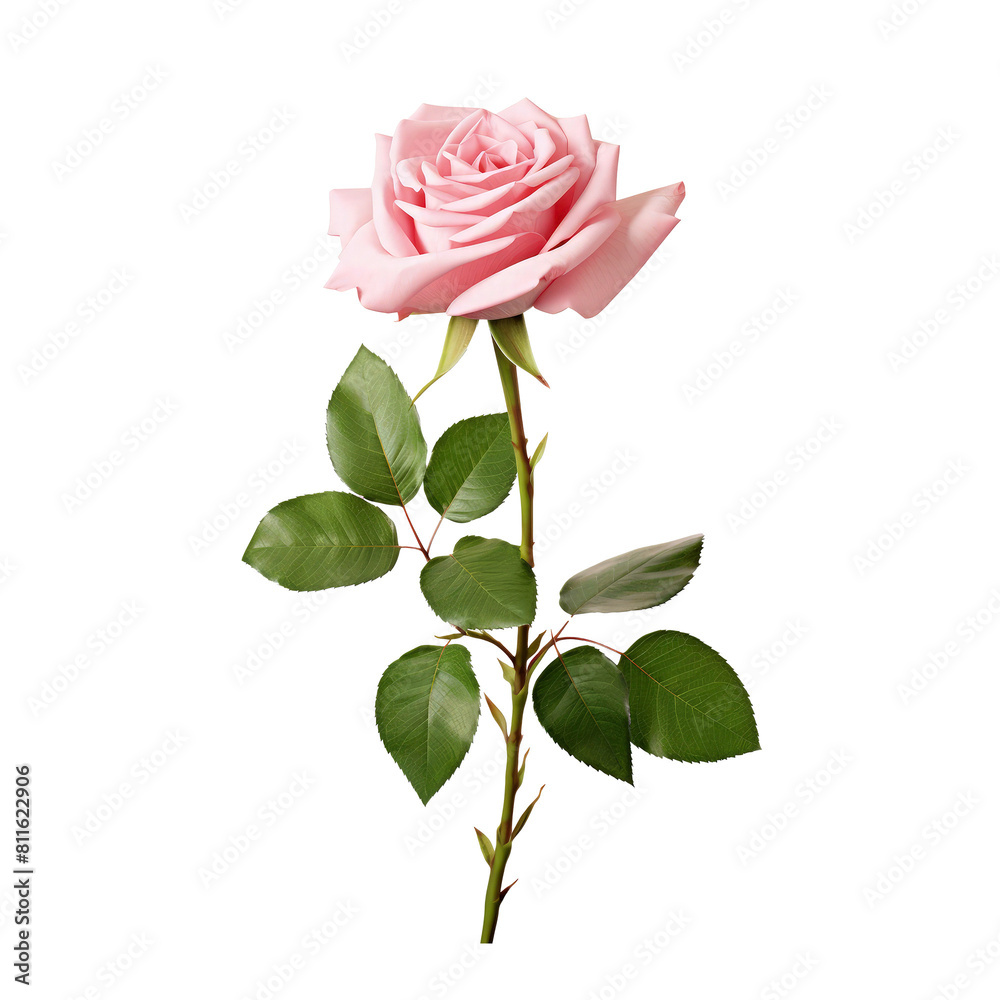 Obraz premium Pink rose with leaves on the stem isolated on transparent background 