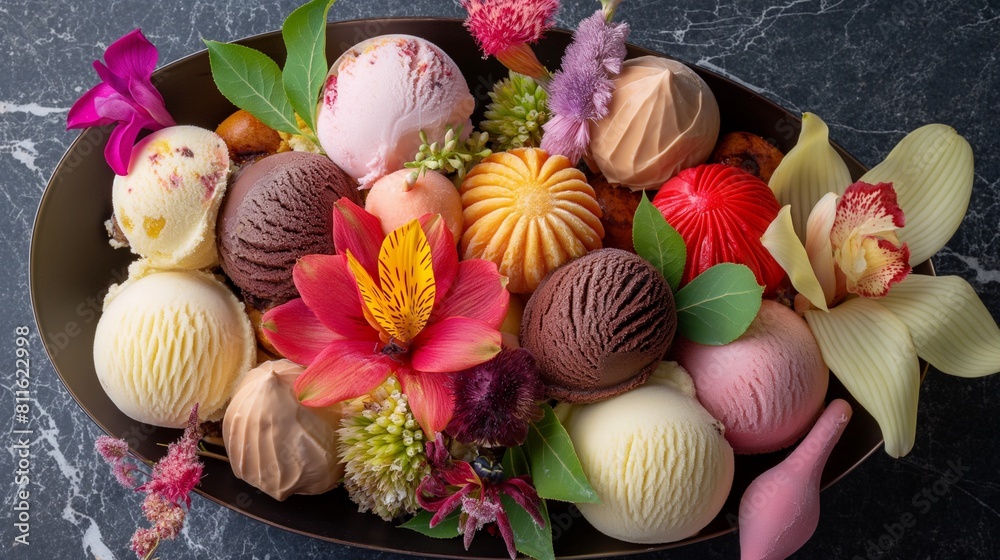 Artfully arranged ice cream scoops in a variety of flavors, resembling a vibrant floral bouquet in edible form Artfully arranged ice cream scoops in a variety of flavors, resembling a vibrant floral bouquet in edible form