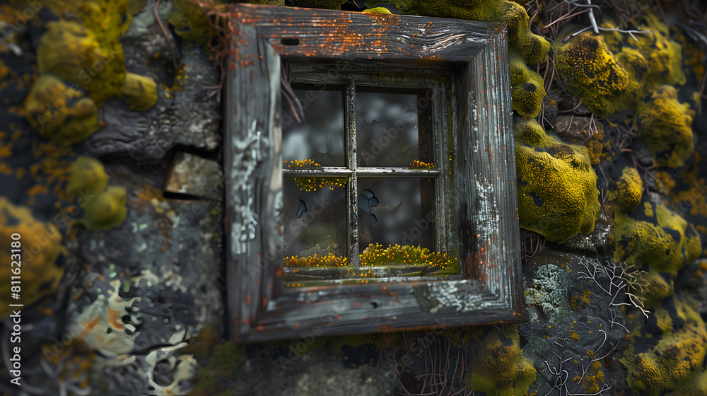 Zoom in on the textures of the wall surrounding the vintage window, with moss and lichen clinging to the rough surface and adding character to the scene Zoom in on the textures of the wall surrounding the vintage window, with moss and lichen clinging to the rough surface and adding character to the scene