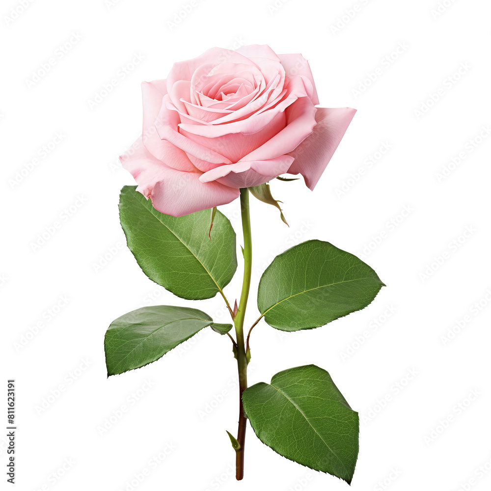 Naklejka premium Pink rose with leaves on the stem isolated on transparent background 