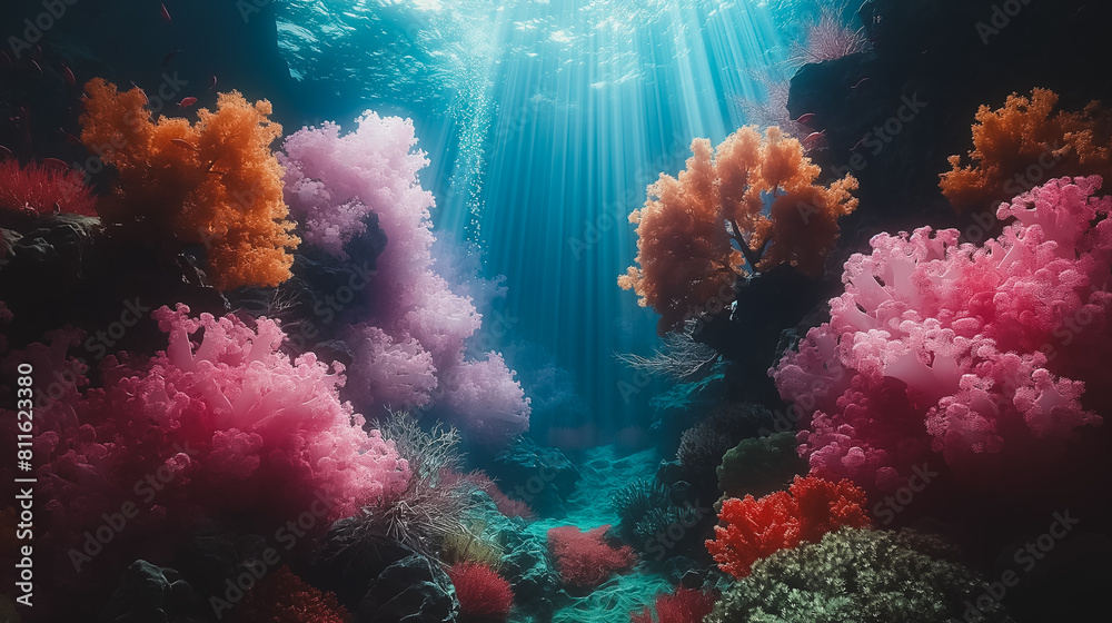 Naklejka premium A colorful coral reef with pink and orange sea plants
