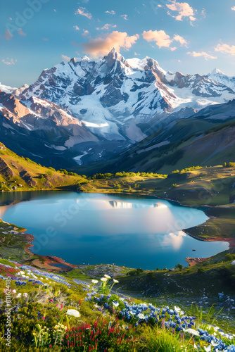 Dawn's Serenity: Serene Sunrise Over Snow-Capped Mountains and Crystal-Clear Lake in Vibrant Meadow