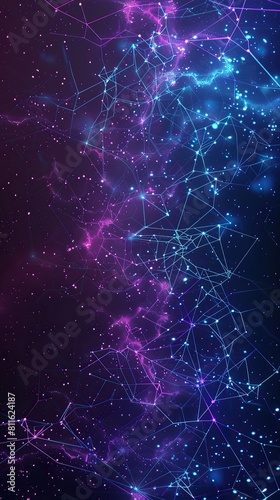 A dynamic vertical backdrop featuring neon purple and blue connections forming a complex plexus over a dark canvas, with ample space for text in the upper third for promotional purposes
