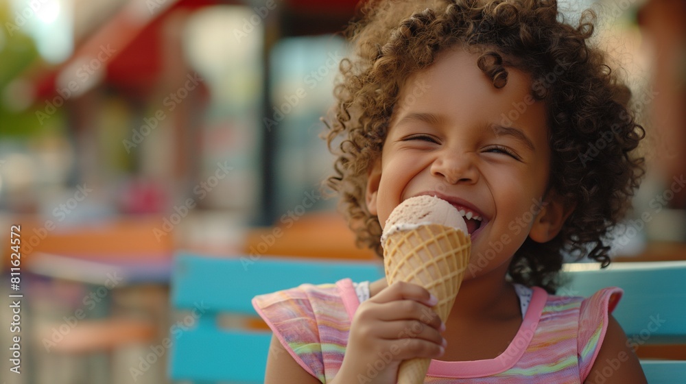 A curly-haired child gleefully licking an ice cream cone twice the size of their face, seated at a colorful cafe table outdoors A curly-haired child gleefully licking an ice cream cone twice the size of their face, seated at a colorful cafe table outdoors