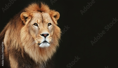 Roaring Majesty: Frontal View of Lion Against Black Background © Afaq