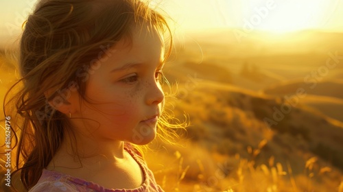 A little girl with blond surfer hair and a big smile is standing in a field, looking up at the sun. Her eyelashes catch the light like flash photography AIG50 © Summit Art Creations