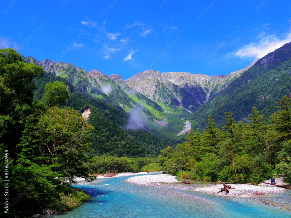 Fototapeta premium 夏の上高地河童橋から望む穂高連峰と梓川