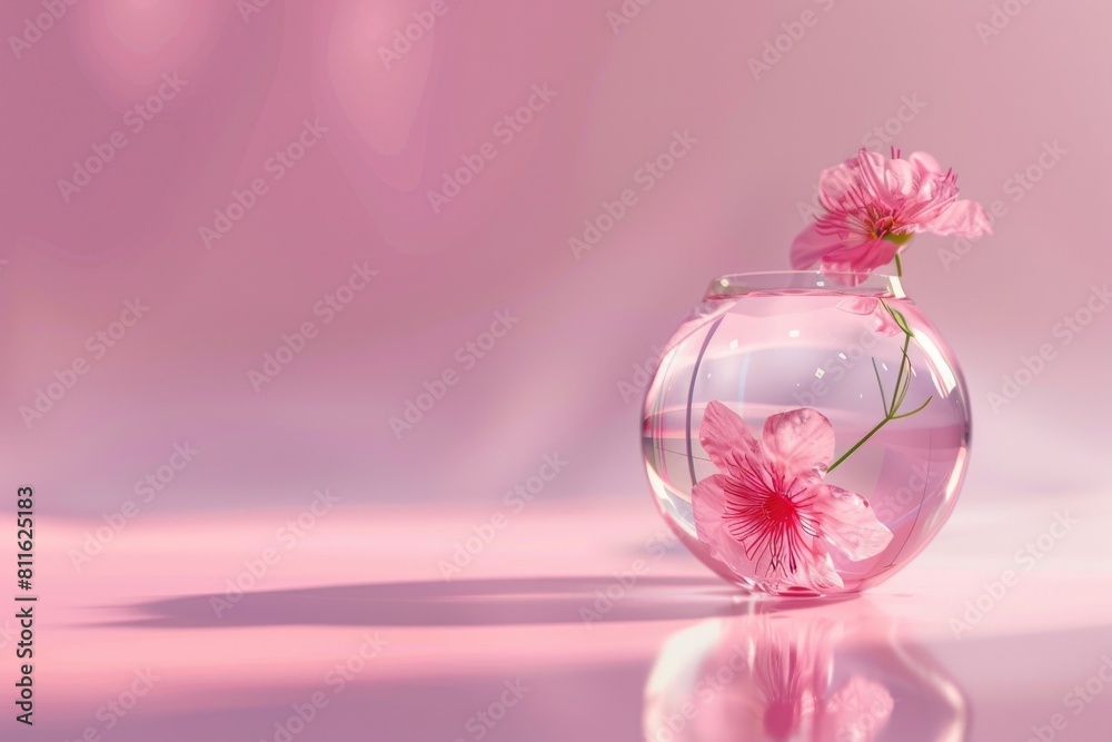 Serene Pink Cherry Blossoms in Transparent Glass Vase on Pastel Background