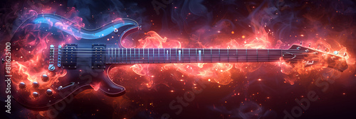 Modern electric guitar look,
Bass electro guitar in fire and glowing in flames Heavy metal and rock n roll music concept photo