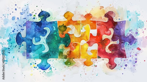 Colorful watercolor puzzle, symbol of Autism awareness day for children with Autism Spectrum Disorder, ASD. #811625362