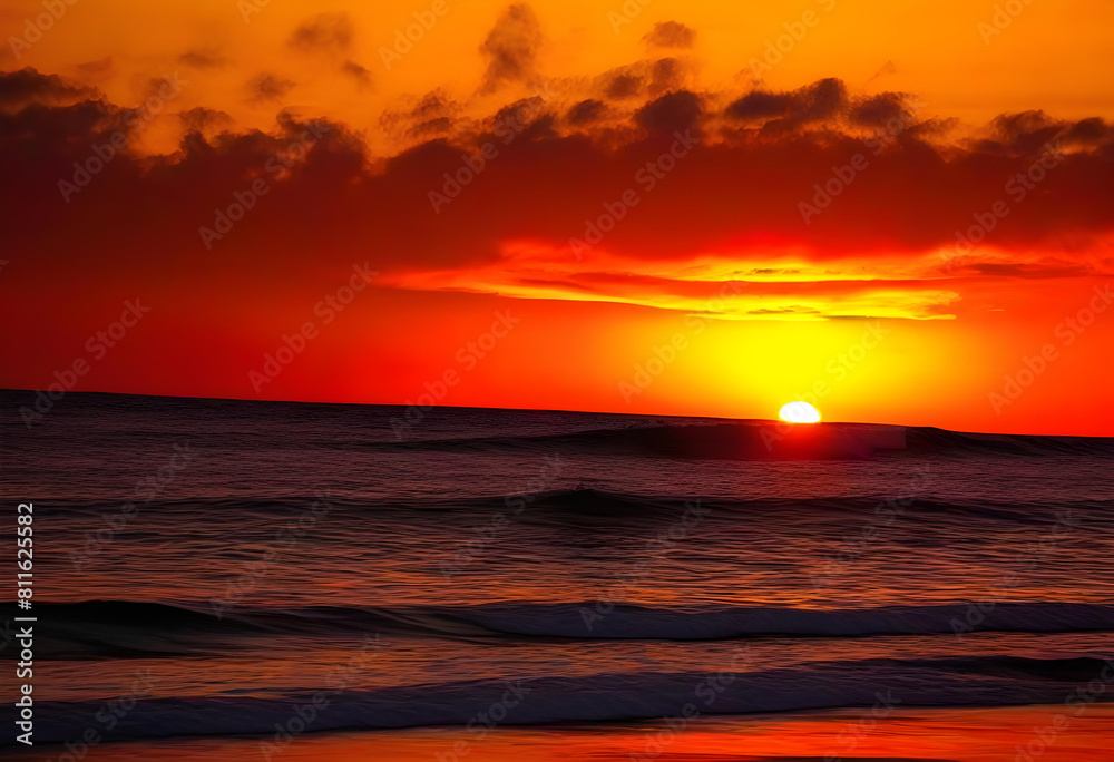 A beautiful sunset over the ocean with vibrant orange colors in the sky
