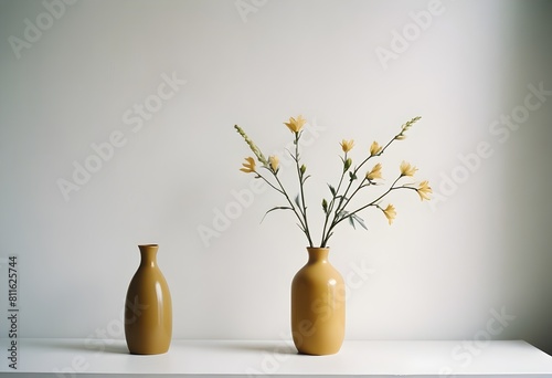 Clean Aesthetic Scandinavian style table with decorations. Zen. Spiritual Vase and flowers.