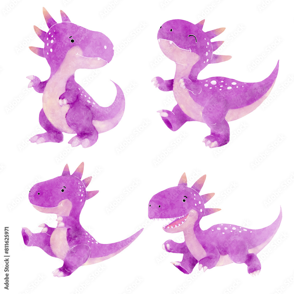 Stygimoloch . Cute dinosaur cartoon characters . Watercolor paint design . Set 21 of 27 . Illustration .
