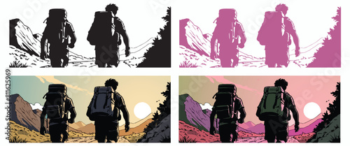 collection of silhouettes of digital nomad walking on the hill