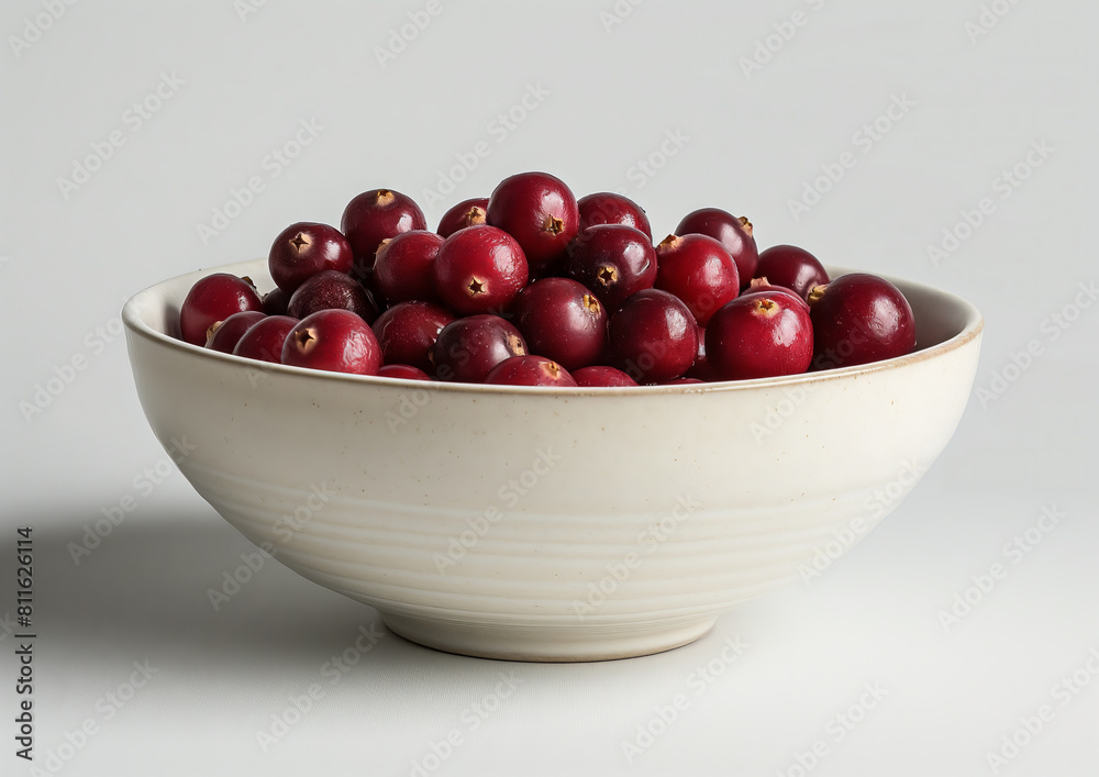 Cranberries arranged in a white ceramic bowl, set against a white background for a clean and elegant presentation Cranberries arranged in a white ceramic bowl, set against a white background for a clean and elegant presentation