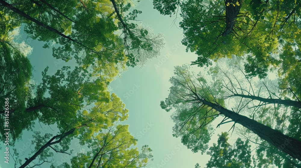 Photo of Trees in forest from below, green tops of trees, blue sky background. Generative AI Photo of Trees in forest from below, green tops of trees, blue sky background. Generative AI