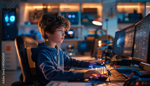 Portrait of a child prodigy programming on a futuristic super computer