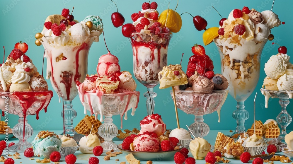 A feast for the senses captured in a single frame, showcasing a diverse selection of ice-cream sundaes adorned with whimsical toppings and served in stylish vessels, ready to be devoured