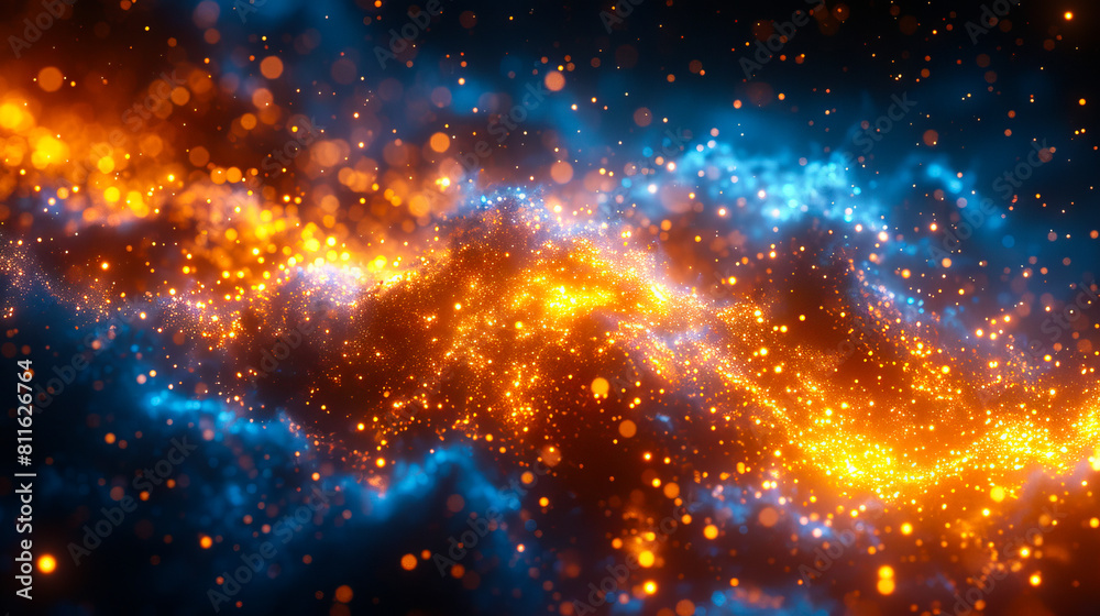 A space background with blue and orange lights.