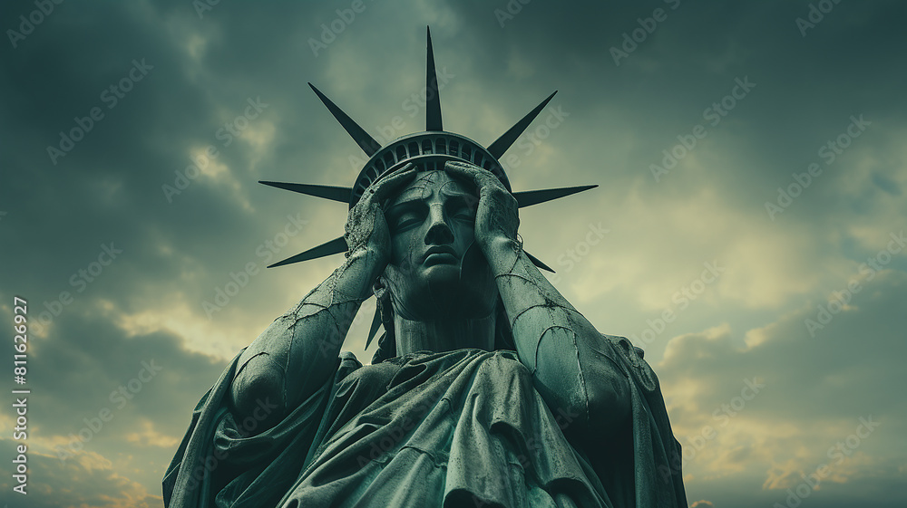 statue of liberty with head in hands, breakdown of society concept statue of liberty with head in hands, breakdown of society concept