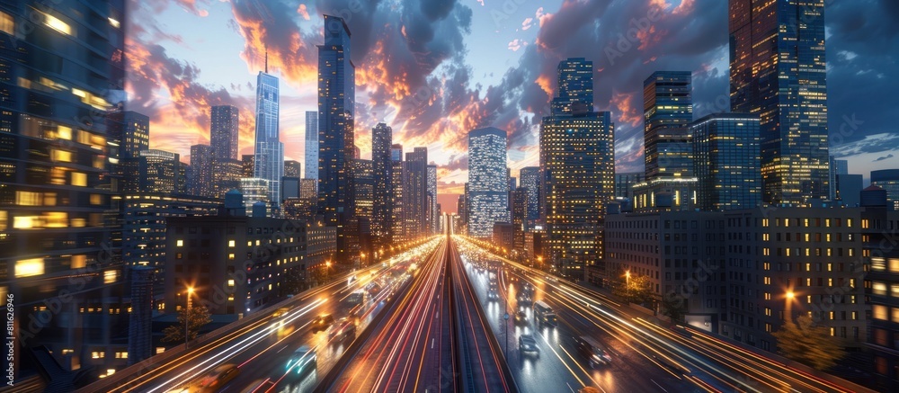 Vibrant Nighttime Cityscape With Glowing Skyscrapers and Luminous Traffic Streams
