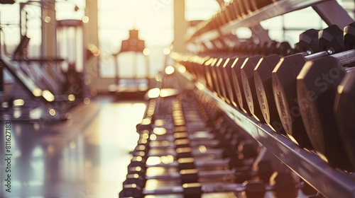 Row of dumbbells in modern fitness center, shallow depth of field photo