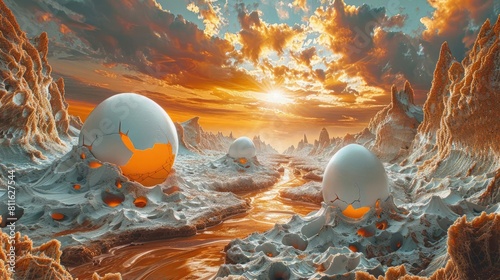 Describe a surreal dreamscape where landscapes are made entirely of cracked eggshells and yolk rivers