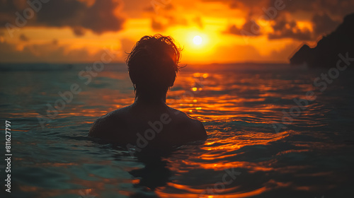 A man is swimming in the ocean at sunset