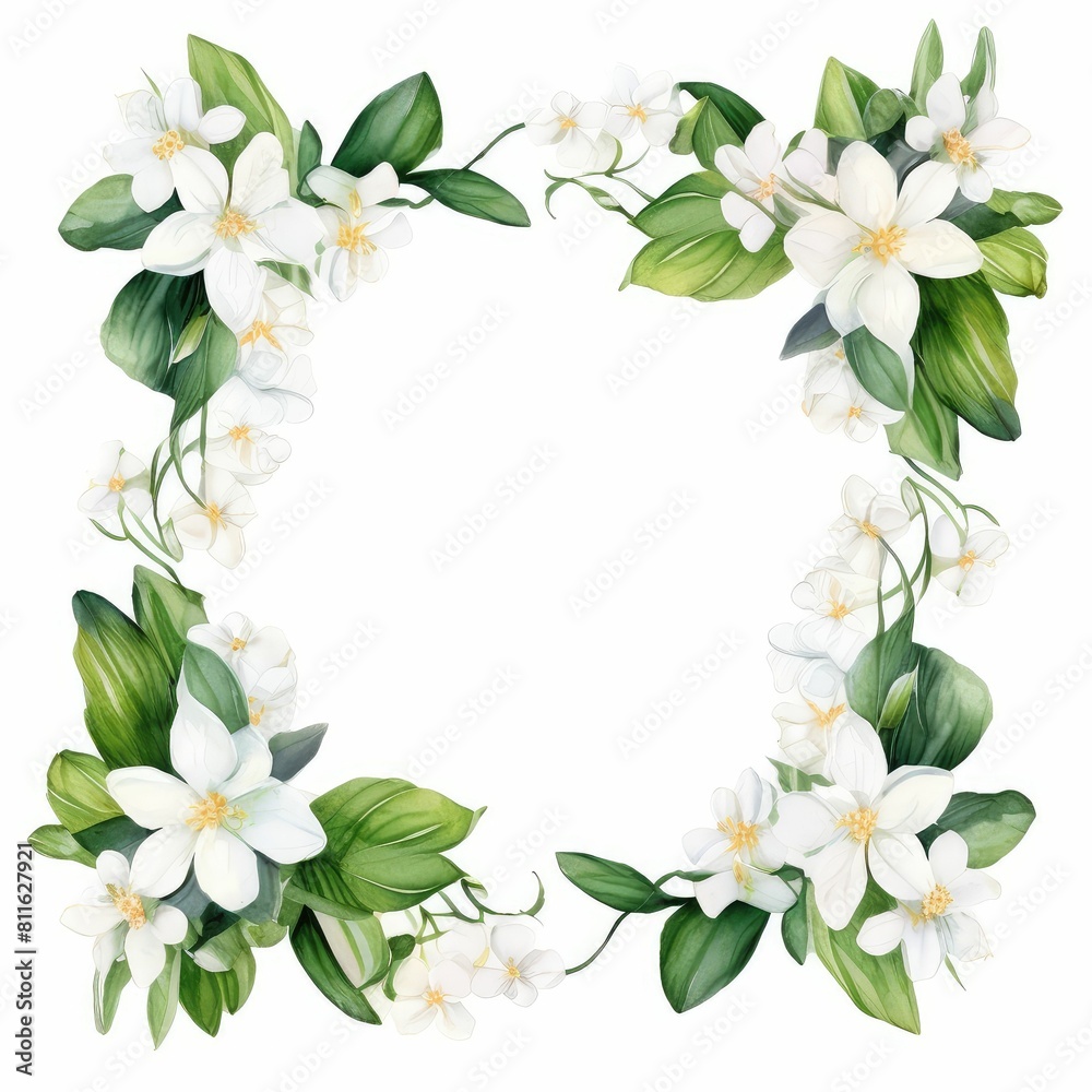 jasmine themed frame or border for photos and text. delicate white flowers and green leaves. watercolor illustration, For packaging, greeting and invitation cards and labels. For banners, flyers. jasmine themed frame or border for photos and text. delicate white flowers and green leaves. watercolor illustration, For packaging, greeting and invitation cards and labels. For banners, flyers.