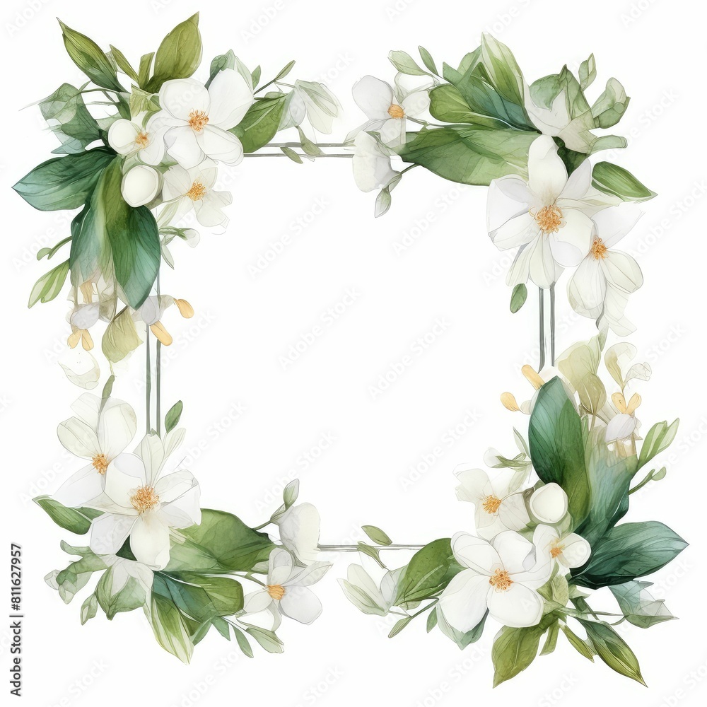 jasmine themed frame or border for photos and text. delicate white flowers and green leaves. watercolor illustration,  For packaging, greeting and invitation cards and labels. For banners, flyers.