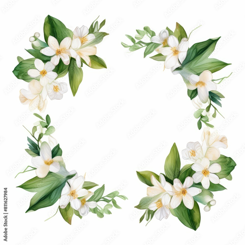 jasmine themed frame or border for photos and text. delicate white flowers and green leaves. watercolor illustration, For packaging, greeting and invitation cards and labels. For banners, flyers. jasmine themed frame or border for photos and text. delicate white flowers and green leaves. watercolor illustration, For packaging, greeting and invitation cards and labels. For banners, flyers.