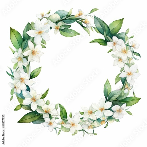 jasmine themed frame or border for photos and text. delicate white flowers and green leaves. watercolor illustration, For packaging, greeting and invitation cards and labels. For banners, flyers.