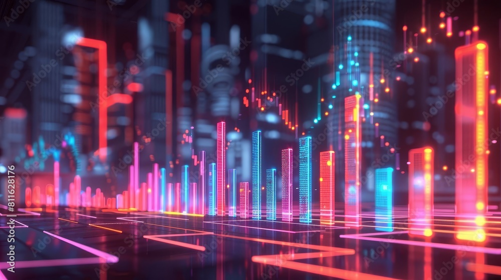 Various types of luminous graphs representing stock market trends