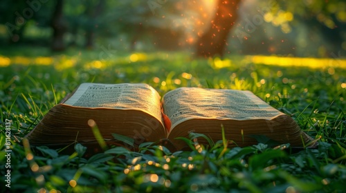 A Bible book is open and placed on the green grass, with the sun shining down, World Book Day，Radiant Path of Divine Light: 4K HD Wallpaper of an Open Bible on Lush Green Grass with Sunlight Illuminat photo