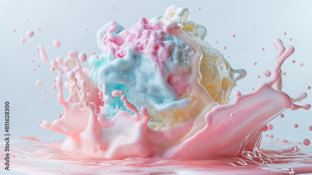 A macro shot of a single scoop of melting ice cream crashing onto a white surface, capturing the creamy texture and vibrant colors in exquisite detail A macro shot of a single scoop of melting ice cream crashing onto a white surface, capturing the creamy texture and vibrant colors in exquisite detail
