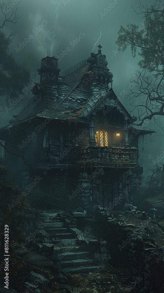 Gothic Art of a secluded TCM practitioner s cabin, shrouded in mist and mystery, illustrated in a dark, baroqueinspired drama style with ornate detailing