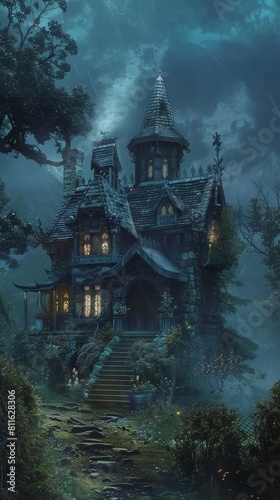 Gothic Art of a secluded TCM practitioner s cabin, shrouded in mist and mystery, illustrated in a dark, baroqueinspired drama style with ornate detailing photo