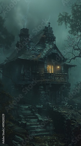 Gothic Art of a secluded TCM practitioner s cabin, shrouded in mist and mystery, illustrated in a dark, baroqueinspired drama style with ornate detailing photo