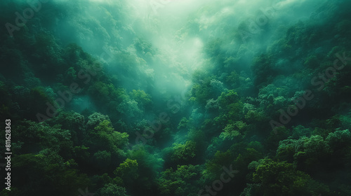 A lush green forest with foggy mist in the background