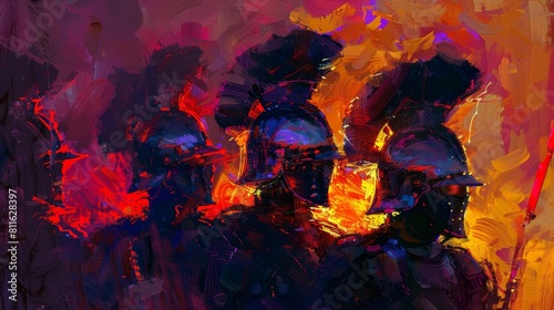 Impressionism Art of a regiment s vigilance at dusk, brush strokes capturing the fleeting light over ornate helmets and plumes photo