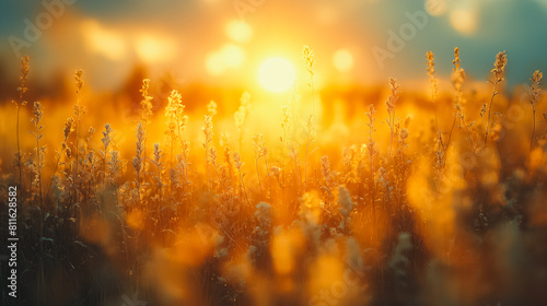 A field of tall grass with a bright sun in the background. The sun is shining brightly on the grass, creating a warm and inviting atmosphere. The field is full of life and energy