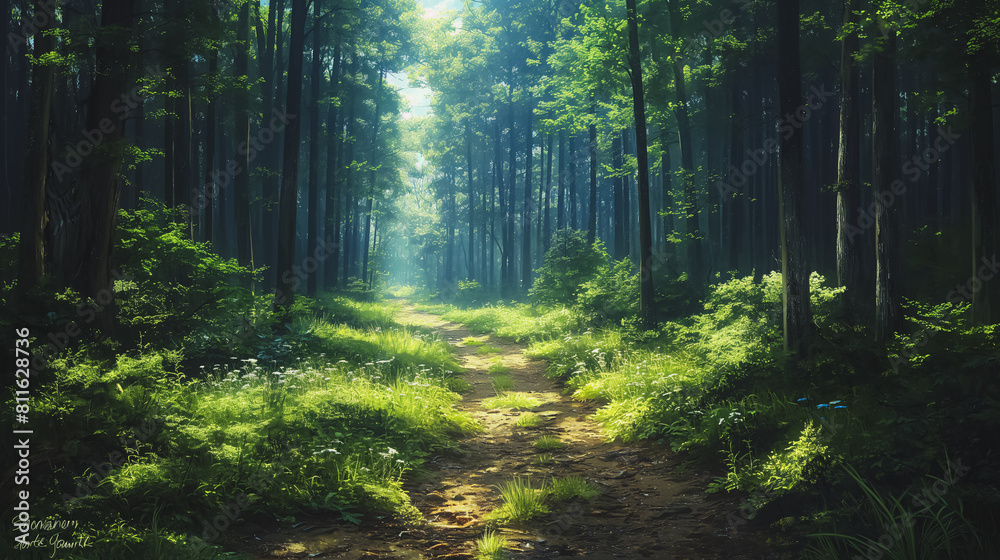 Landscape painting, A path in a lush green forest with tall trees and sunlight shining through Landscape painting, A path in a lush green forest with tall trees and sunlight shining through