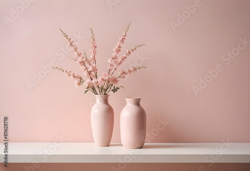 Clean Aesthetic Scandinavian style table with decorations. Zen. Spiritual Vase and flowers. Pink. Tone on tone. Pastel. 
