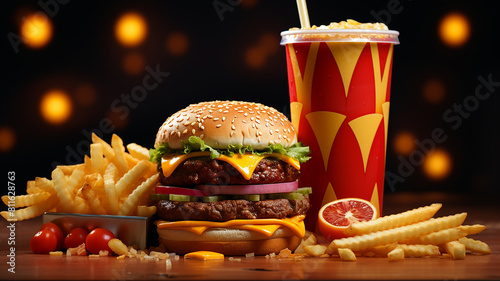 fast food concept, burger, fries, soda