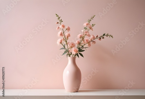 Clean Aesthetic Scandinavian style table with decorations. Zen. Spiritual Vase and flowers. Pink. Tone on tone. Pastel. 